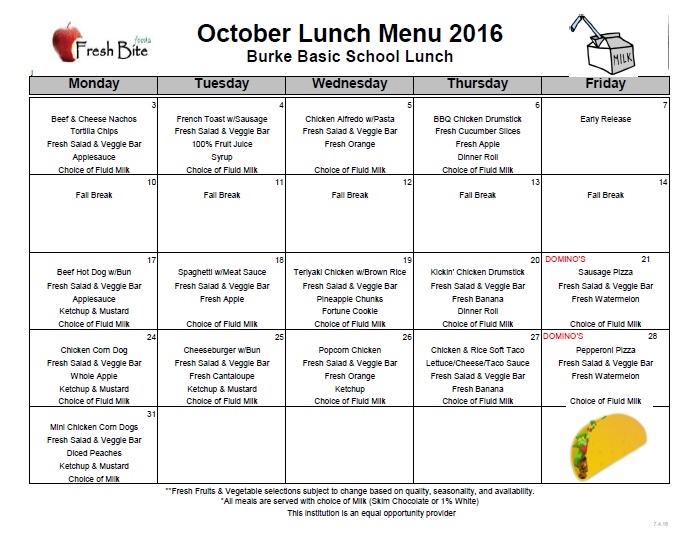 October 2016 Lunch Menu 