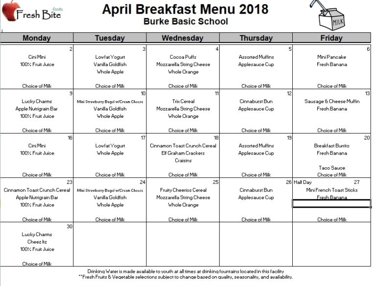 April 2018 Breakfast and Lunch Menus | Burke Basic School